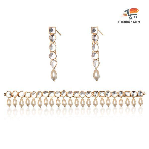 Kundan Wedding Party Wear Stylish Necklace Jewellery Set for Women (White)