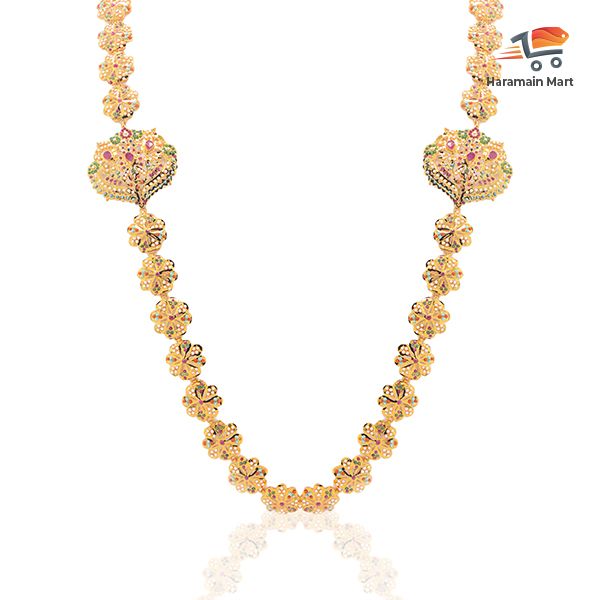 Floral Stone Studded Necklace, Palatial Coloured Stone Studded set, Floral Motif Gold Necklace Set, Necklace, Earnings