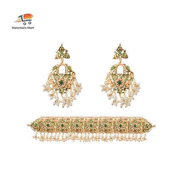 GreenÂ Peal Choker Necklace with Earring Set for Women Girls in Wedding Jewelry