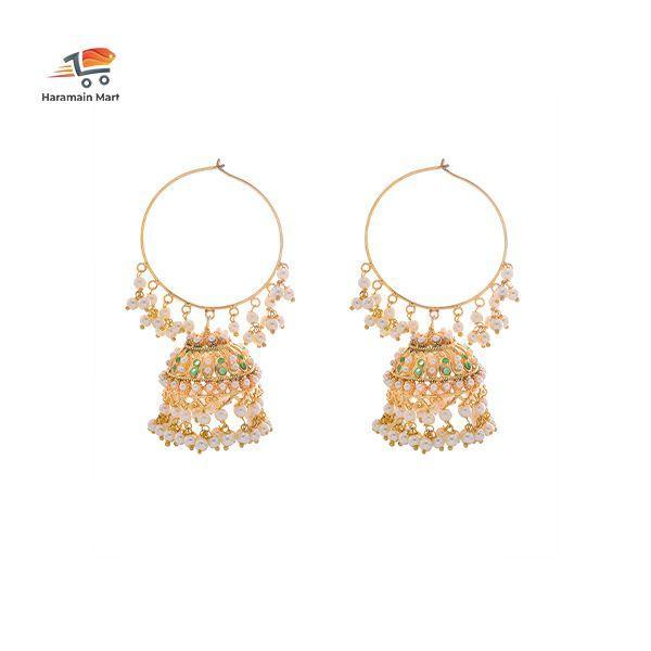 White Beads Jadau Gold Polished Traditional Punjabi Earrings Bali Set