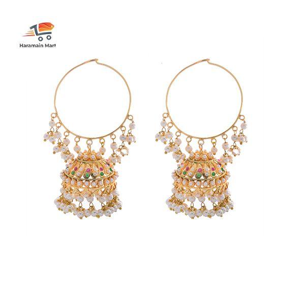 Traditional Gold Toned Embellished With Pearls Jhumka Earrings Metal ( pink & gr