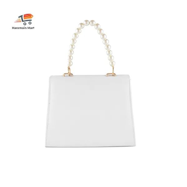 Lambskin Quilted Top Handle Faux Pearl Beaded Twist Flap White Bag