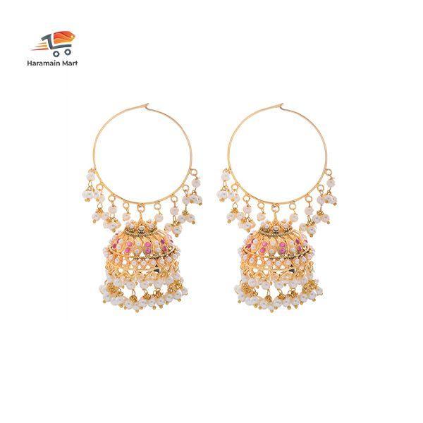 Traditional Gold Toned Embellished With Pearls Jhumka Earrings Metal ( Pink & Wh