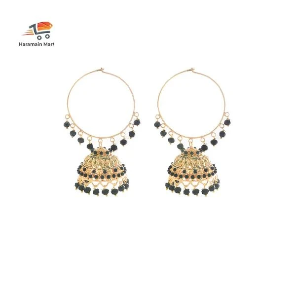 Black Beads Jadau Gold Polished Traditional Punjabi Earrings Bali Set