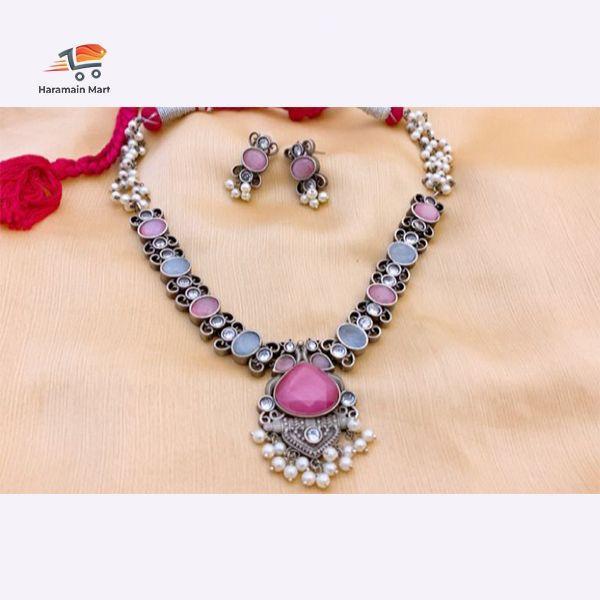 Silver Necklace Set, Beaded Necklace, Fancy Stone Beaded Silver Necklace Set, Set.