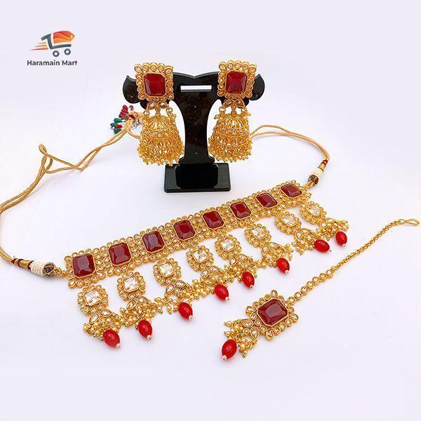 Bridal Set, Golden Color with Red Stones, Unique Design Real Red Stone, Gold Plated Necklace Set With Rings for Girls.