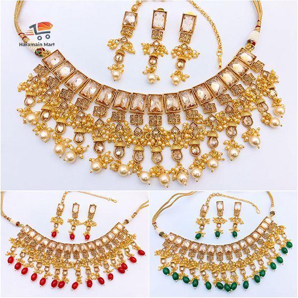 Choker Necklace with Hanging Pearls, Earrings & Mang tikka, Gold Plated Traditional Kundan Jewellery, Green Pearl Hangin
