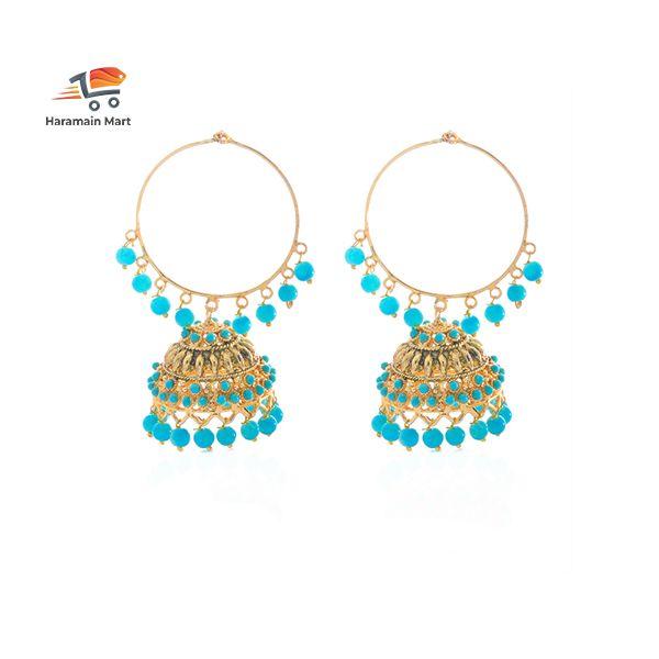 Blue Beads Jadau Gold Polished Traditional Punjabi Earrings Bali Set